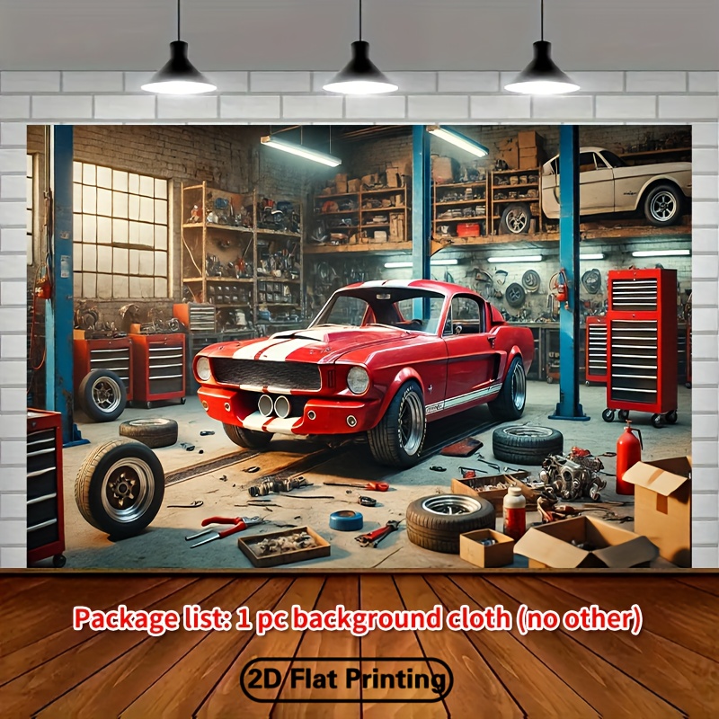 Auto Repair Shop Background - Tło Warsztatu Samochodowego z Klasycznymi Autami,